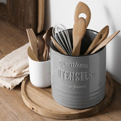 Ceramic Kitchen Utensil Holder Crock - 7.2 Inches Grey.