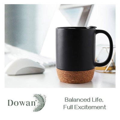 Ceramic Coffee Mug with Insulated Cork Bottom Lid and Handle Set of 2 - 15 Oz Black.