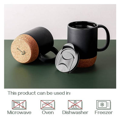 Ceramic Coffee Mug with Insulated Cork Bottom Lid and Handle Set of 2 - 15 Oz Black.