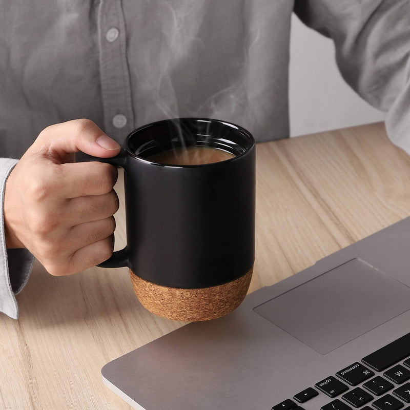 Ceramic Coffee Mug with Insulated Cork Bottom Lid and Handle Set of 2 - 15 Oz Black.