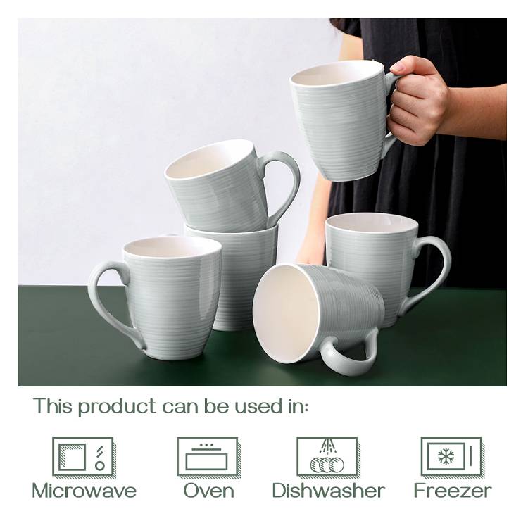 Ceramic Coffee Tea Mugs Set of 6 - 17 Oz Grey.