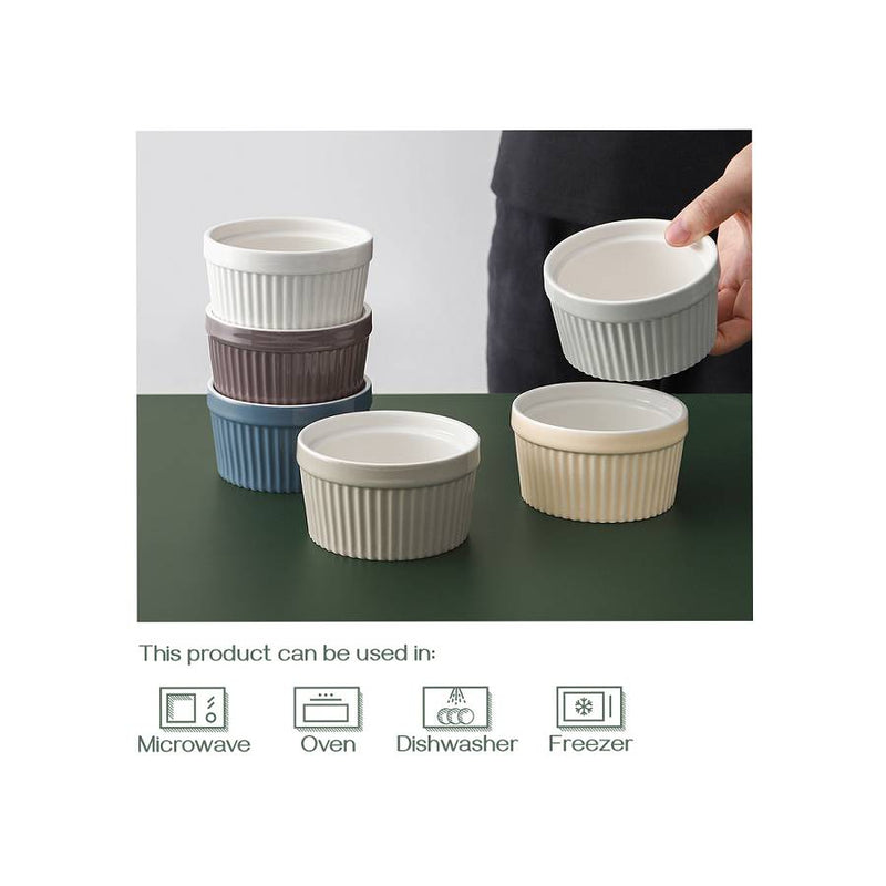 Ceramic Creme Oven Safe Brulee Ramekin Bowls Set of 6 - 8 Oz.