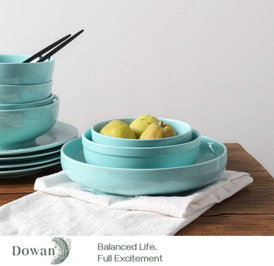 Large Ceramic Salad Pasta Fruit Serving Bowls Set of 2 - 60 Oz White/Turquoise.