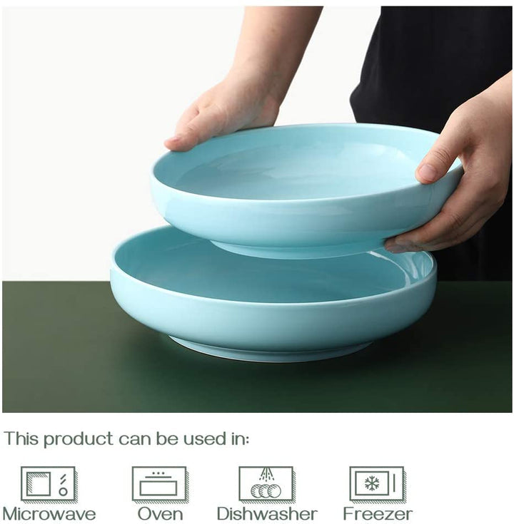 Large Ceramic Salad Pasta Fruit Serving Bowls Set of 2 - 60 Oz White/Turquoise.