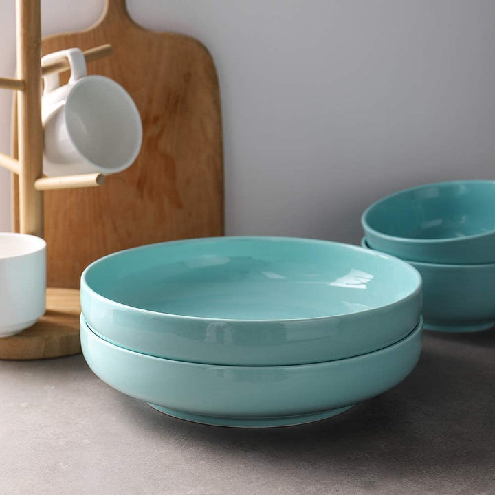 Large Ceramic Salad Pasta Fruit Serving Bowls Set of 2 - 60 Oz White/Turquoise.