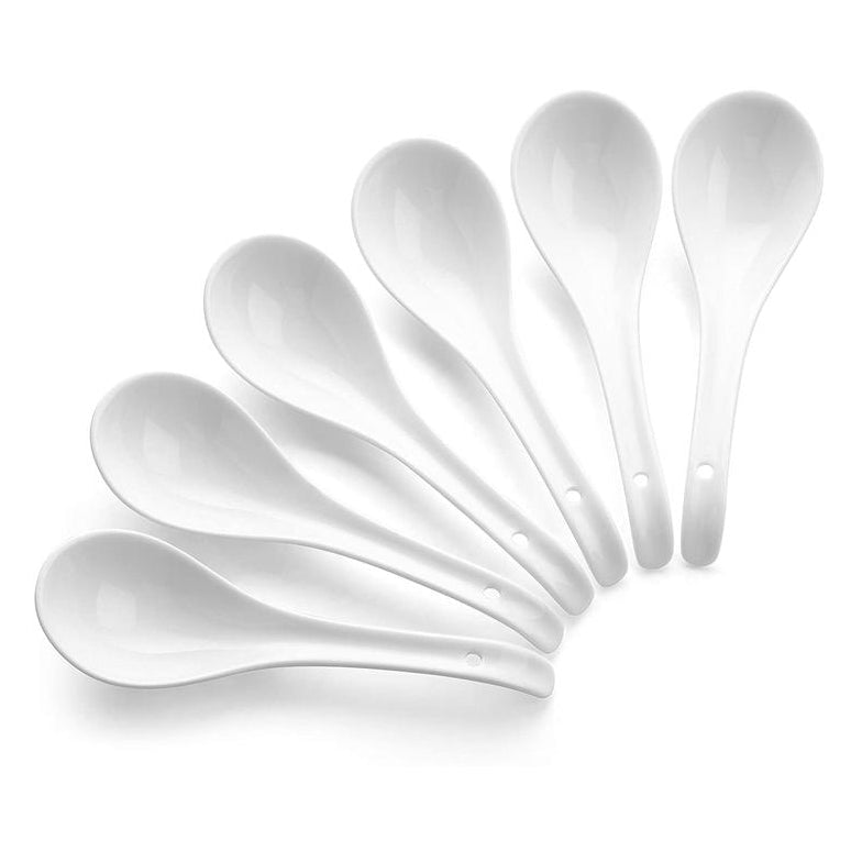 Ceramic Chinese Soup Ramen Pho Spoons - Set of 6 White.