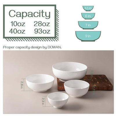 Ceramic Serving Mixing Bowl Set of 4 - 4.5/6/7/9 Inches White.