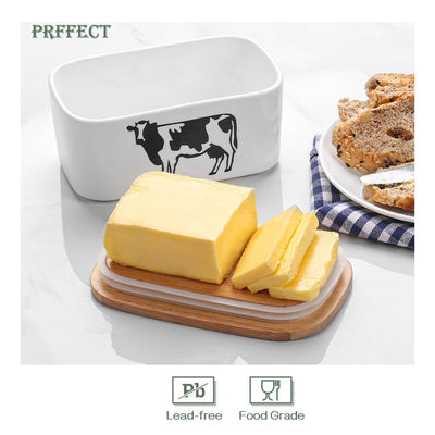 PRFFECT Ceramic Buttor Dish with Lid -Large White Cow.