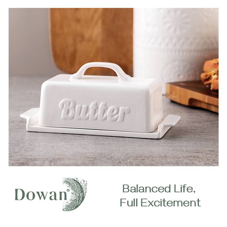 Ceramic Butter Dish Container with Lid Wooden Knife - Mini White.