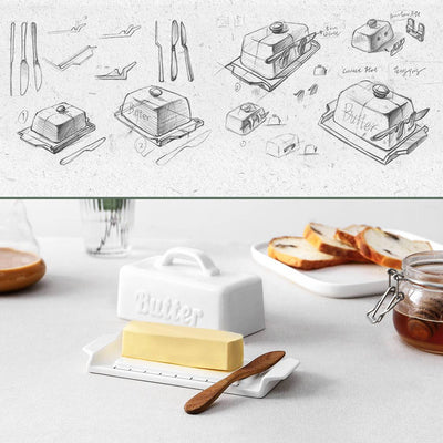 Ceramic Butter Dish Container with Lid Wooden Knife - Mini White.