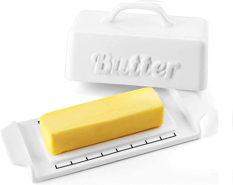 Ceramic Butter Dish Container with Lid Wooden Knife - Mini White.