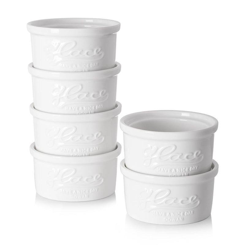 Ceramic Souffle Embossed Ramekin Bowls Set of 6 - 4 Oz White.