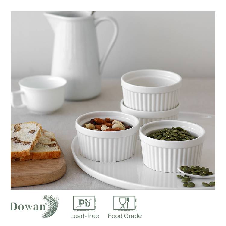 Ceramic Souffle Serving Ramekin Bowls Set of 6 - 4 Oz White.