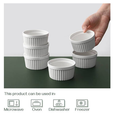 Ceramic Souffle Serving Ramekin Bowls Set of 6 - 4 Oz White.