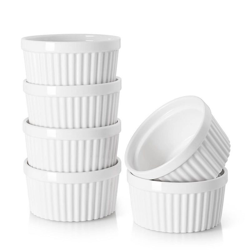 Ceramic Souffle Serving Ramekin Bowls Set of 6 - 4 Oz White.