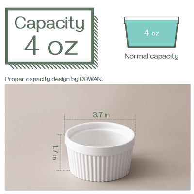 Ceramic Souffle Serving Ramekin Bowls Set of 6 - 4 Oz White.