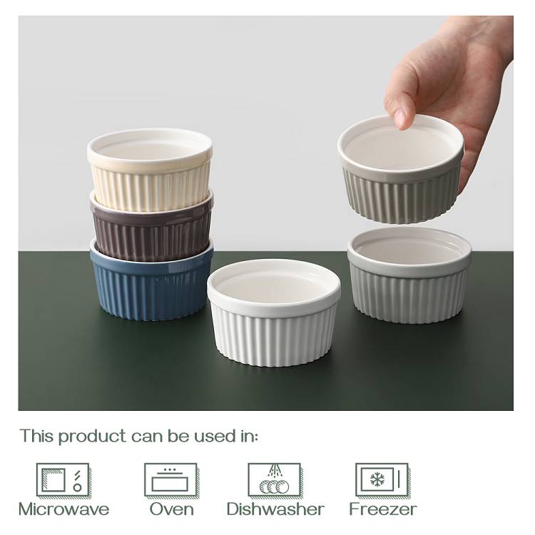 Ceramic Souffle Oven Safe Ramekin Bowls Set of 6 - 4 Oz.