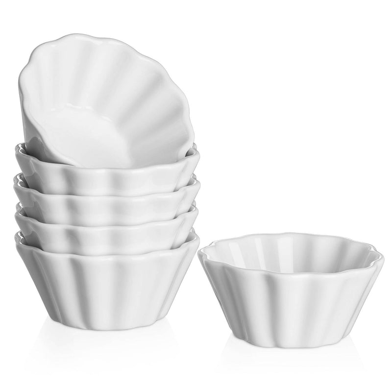 Ceramic Serving Souffle Ramekin Bowls Set of 6 - 6 Oz White.