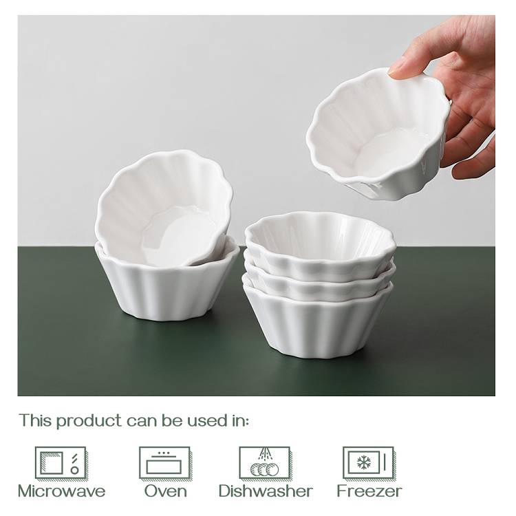 Ceramic Serving Souffle Ramekin Bowls Set of 6 - 6 Oz White.