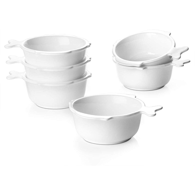 Ceramic Ramekin Bowls with Fish-shaped Tail Handle Set of 6 - 4 Oz White.