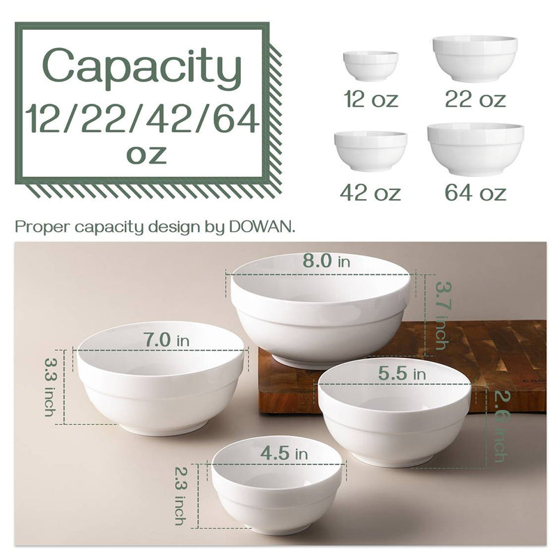 Ceramic Elegant Serving Bowls Set of 4 - 64/42/22/12 Oz White.