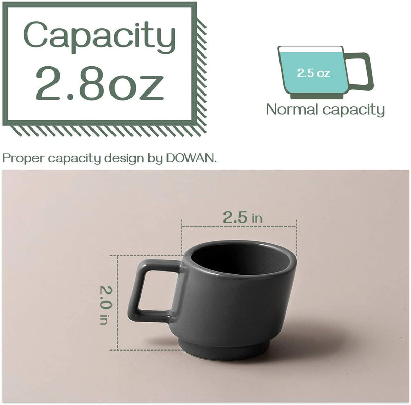 Ceramic Stackable Espresso Cups Set of 4 - 3 Oz Matte Grey.