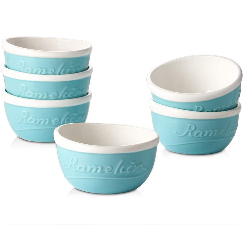 Ceramic Souffle Ramekin Bowls Set of - 6 6 Oz Turquoise/White.