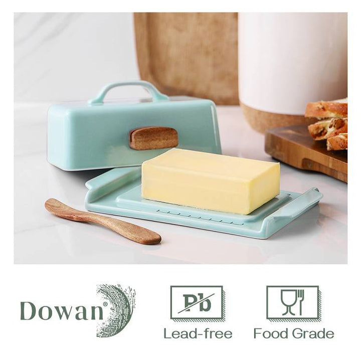 Ceramic Butter Dish Container with Lid and Wooden Knife.