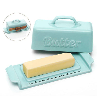 Ceramic Butter Dish Container with Lid and Wooden Knife.