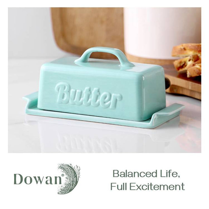 Ceramic Butter Dish Container with Lid and Wooden Knife.