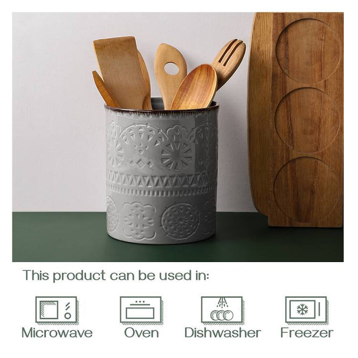 Ceramic Kitchen Embossed Utensils Holder - 7.2 Inches.