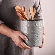 Ceramic Kitchen Embossed Utensil Holder - 7.2 Inches Grey.