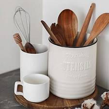 Ceramic Kitchen Utensil Holder Crock - 7.2 Inches White.