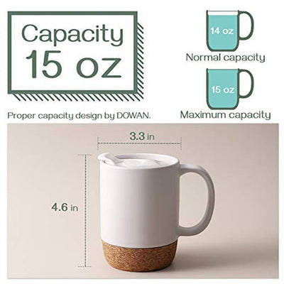 Ceramic Coffee Mugs with Insulated Cork Bottom Lid and Handle Set of 2 - 15 OZ.