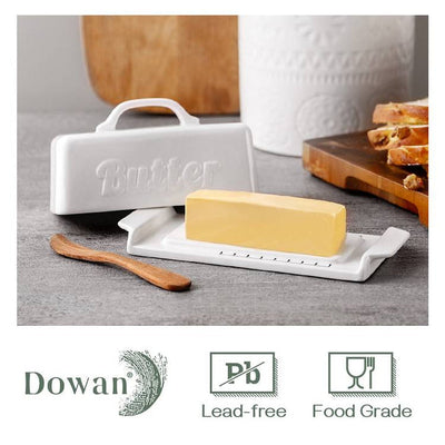 Ceramic Butter Dish Container with Lid and Wooden Knife.