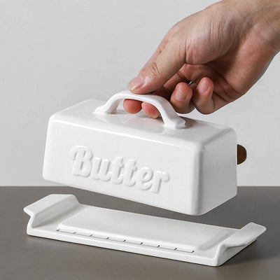 Ceramic Butter Dish Container with Lid and Wooden Knife.