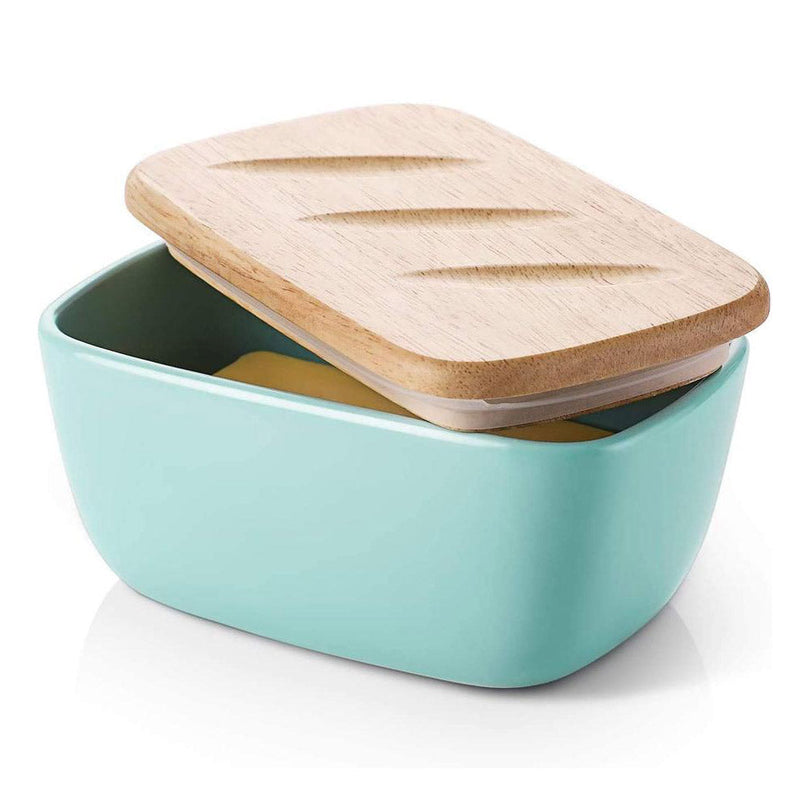 Ceramic Butter Dish Container with Wooden Lid - Turquoise.