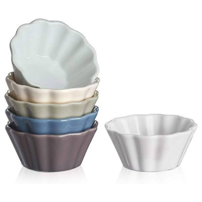 Ceramic Creme Brulee Oven Safe Ramekin Bowls Set of 6 - 6 Oz Flower-Shaped.